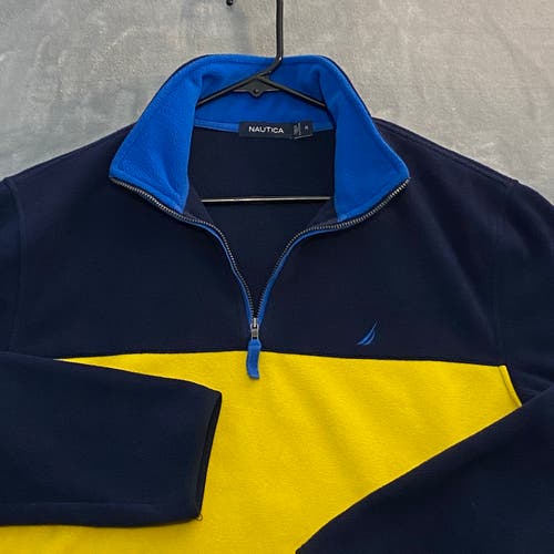 Nautica Sweater Men Medium Y2K Navy/Yellow 1/4 Zip Fleece Embroidered Neck Logo