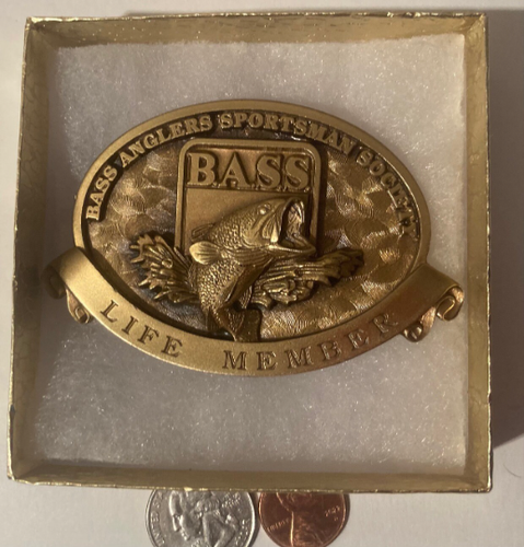Vintage Metal Belt Buckle, Brass, Bass Anglers Sportsman Society, B.A.S.S. Life Member, Fish