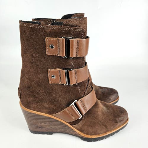 Sorel After Hours Women's Brown Suede Booties Size 8 Ankle Wedge Leather Straps