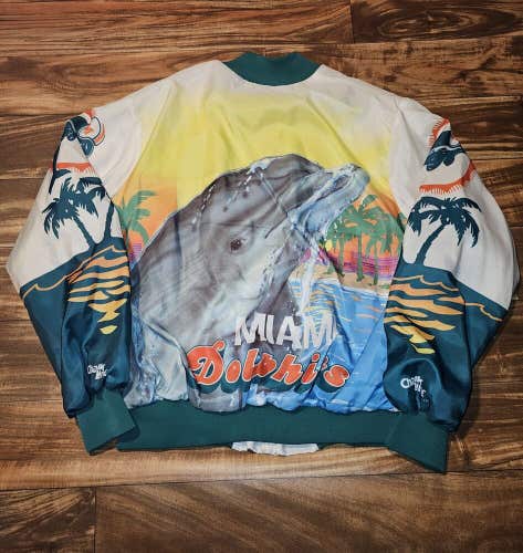 Vintage RARE Miami Dolphins NFL Chalk Line Fanimation All Over Print Jacket Sz L