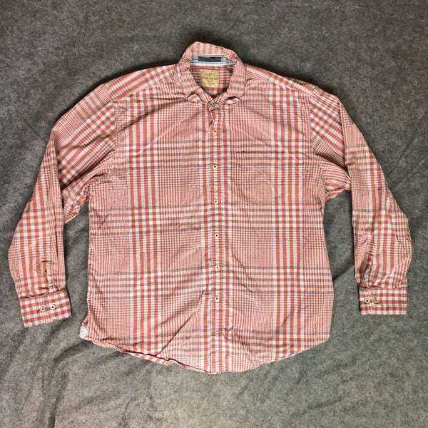 Tommy Bahama Mens Shirt 2XL XXL Orange White Plaid Button Up Long Sleeve Beach ^