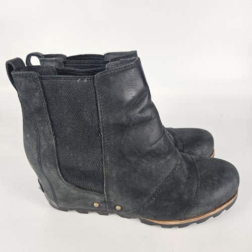 Sorel Lea Black Leather Wedge Ankle Chelsea NL2704-010 Pull On Size: 8.5