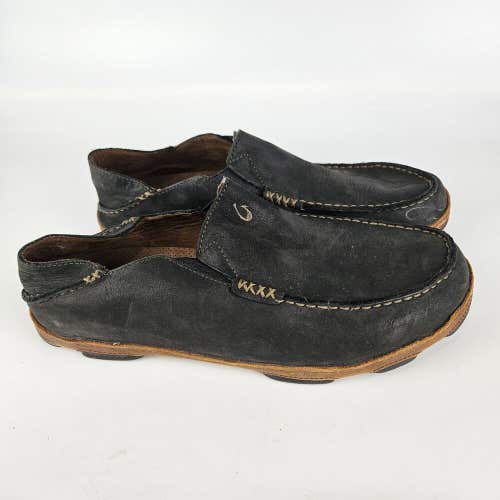 OluKai Moloa Mens Size 10.5 Black Leather Slip On Moc Toe Casual Shoes Loafers