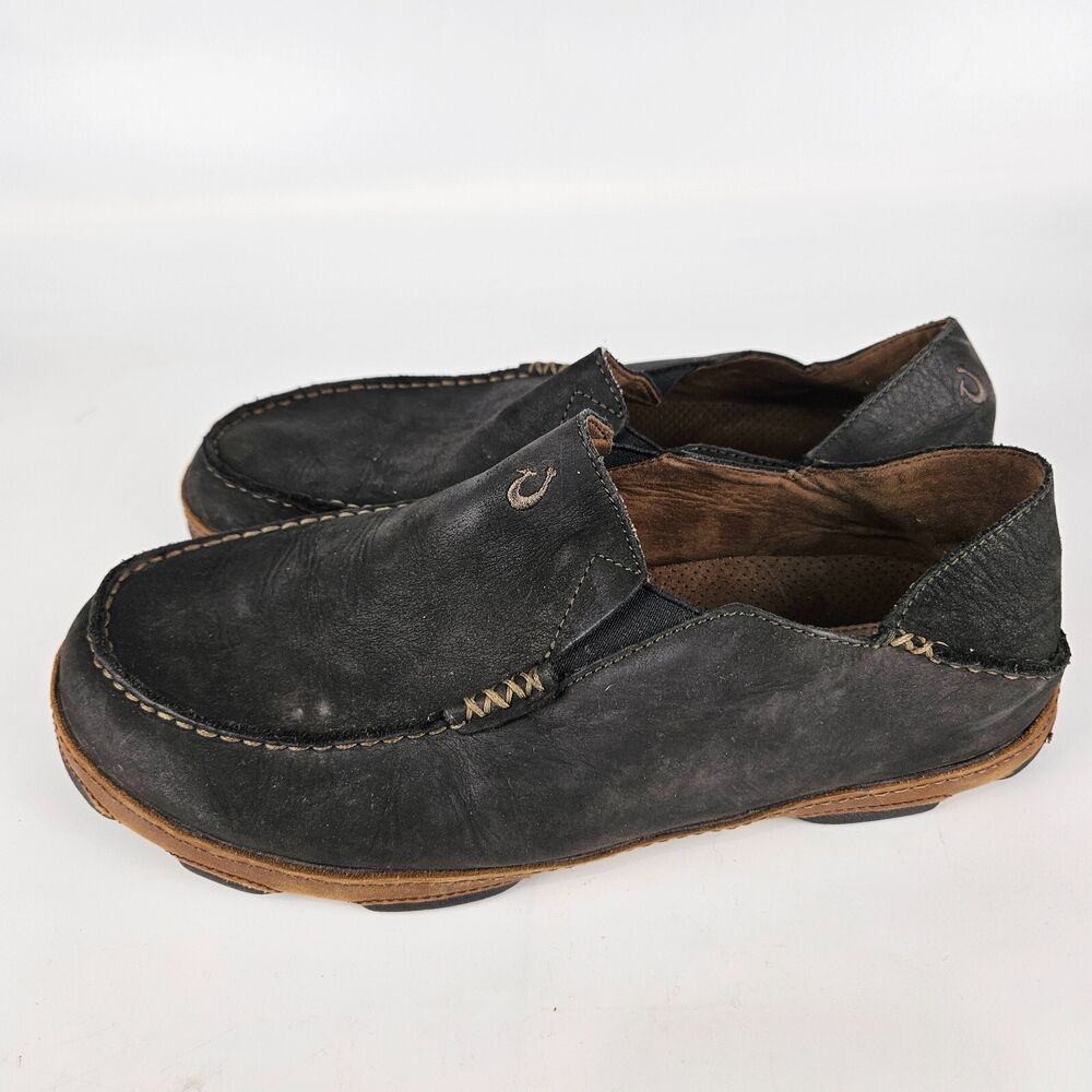 OluKai Moloa Mens Size 10.5 Black Leather Slip On Moc Toe  display picture 1