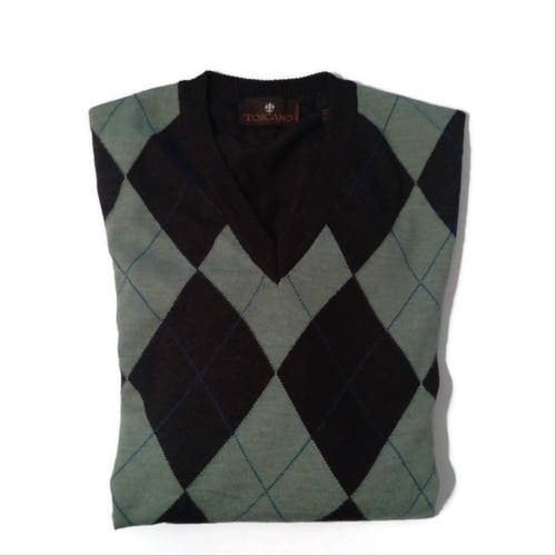 Vintage Toscano Men's V-Neck Brown Argyle Merino Wool Sweater Sz Large