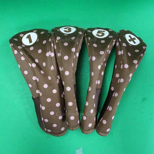 Polka Dot Brown/Pink 1, 3, 5, & X Wood Golf Headcovers SET OF 4