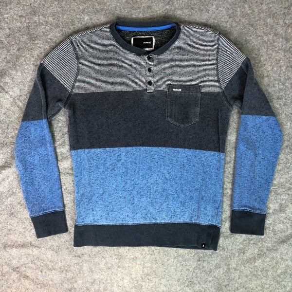 Hurley Mens Sweater Medium Navy Blue Striped Henley Casual Long Sleeve Top Logo
