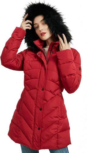 BINACL Women's Winter Insulated Jacket with Fur Hood, Water-Resistant Red Small