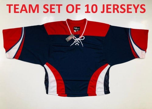 New Team Set of 10 ice hockey jerseys Navy/Red/White RYR mens senior league lot