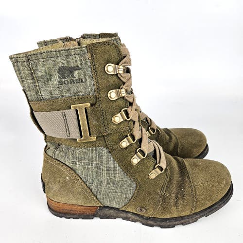 Sorel Major Carly Olive Combat Canvas Suede Zip Up Boots NL 2158-383 Womens Sz 6