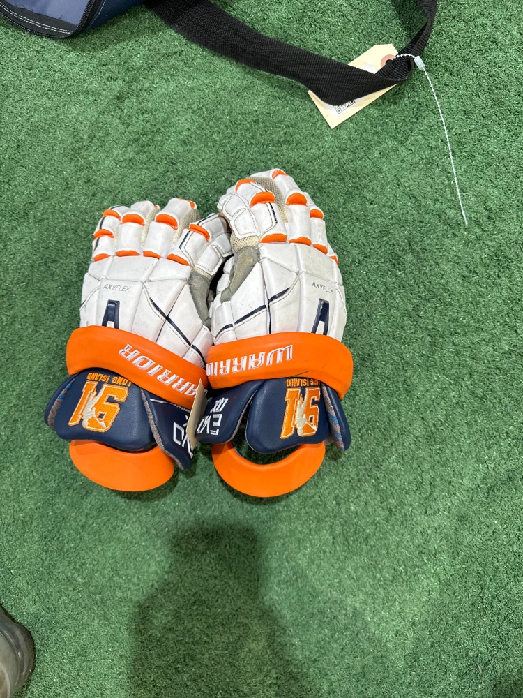 Used Warrior EVO QX Lacrosse Gloves 11" Medium White/ Navy / Orange (Team 91)