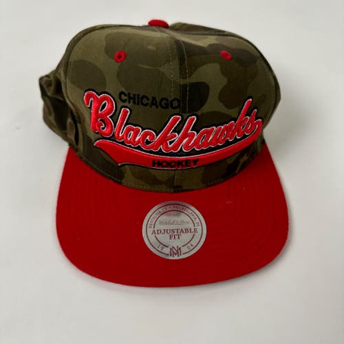 Used Once Camo and Red Chicago Blackhawks Snap Back Hat - Mitchell & Ness