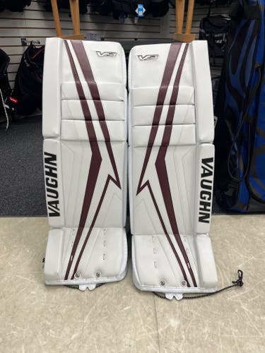 New Vaughn Velocity V9 Pro Carbon Goalie Leg Pads, White/Maroon, 34+2"