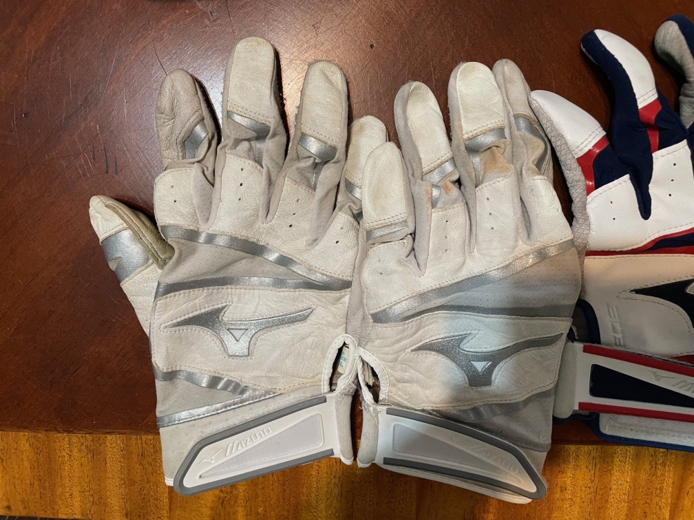 Used Large Mizuno Batting Gloves One pair white, one red white and blue