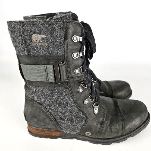 SOREL Major Carly Womens Size 9 Black Leather & Gray Wool Moto Zip Boots NL2324