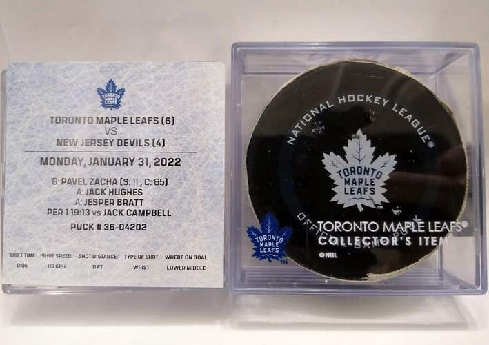 1-31-22 PAVEL ZACHA New Jersey Devils vs Maple Leafs NHL Game Used GOAL Puck
