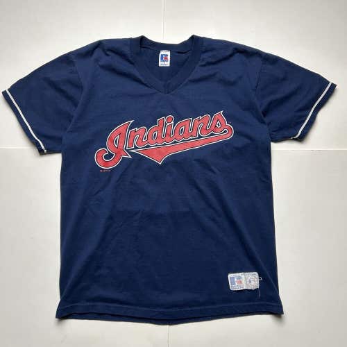 Vintage Cleveland Indians V-Neck T-Shirt Russell Athletic Made in USA Sz L