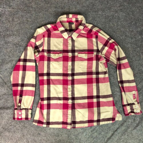Patagonia Women Shirt 2 Flannel White Pink Plaid Button Up Outdoor Organic Fjord