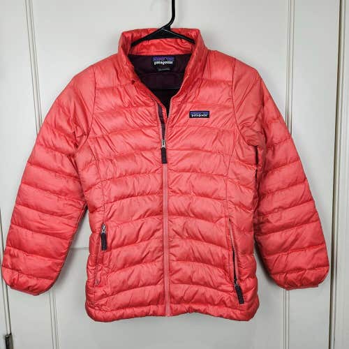PATAGONIA Down Sweater Jacket Puffer Coral Orange Girls Size L (12) Winter Coat
