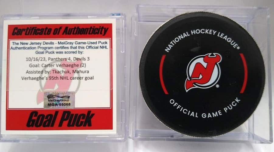 10-16-23 CARTER VERHAGHE Panthers vs Devils Game Used GOAL Puck Tkachuk Assist