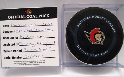 12-7-21 ANDERS LEE NY Islanders vs Ottawa Senators NHL Game Used GOAL PUCK