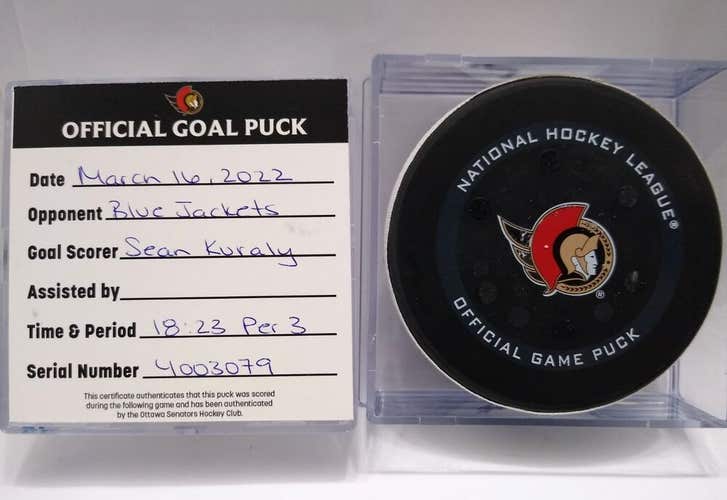 3-16-22 SEAN KURALY Blue Jackets vs Ottawa Senators NHL Game Used GOAL PUCK