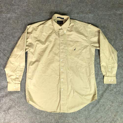 Nautica Mens Shirt 16.5 34/35 Large Beige Button Up Long Sleeve Navy Logo Top