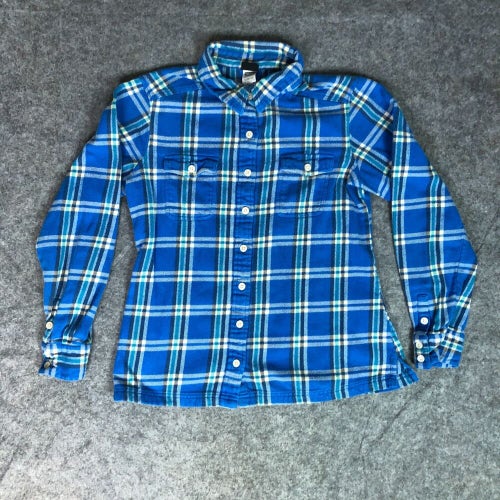Patagonia Women Shirt 6 Flannel Blue White Plaid Button Up Outdoor Organic Fjord
