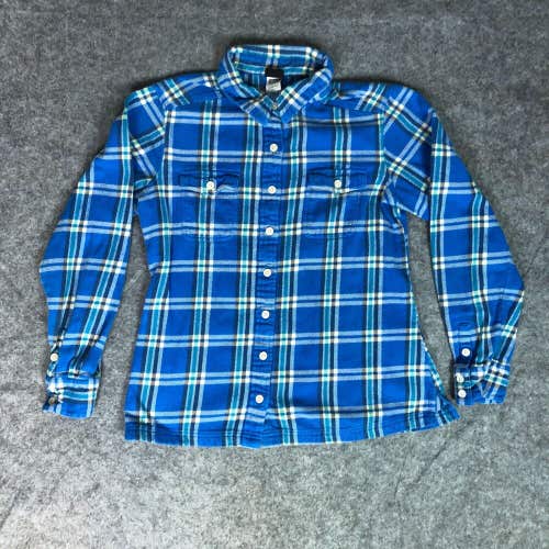 Patagonia Women Shirt 6 Flannel Blue White Plaid Button Up Outdoor Organic Fjord