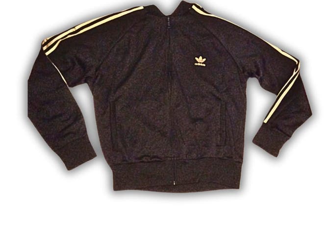 Adidas Mens XL Black with Gold 3 Stripe and Logo Full Zip Windbreaker Jacket
