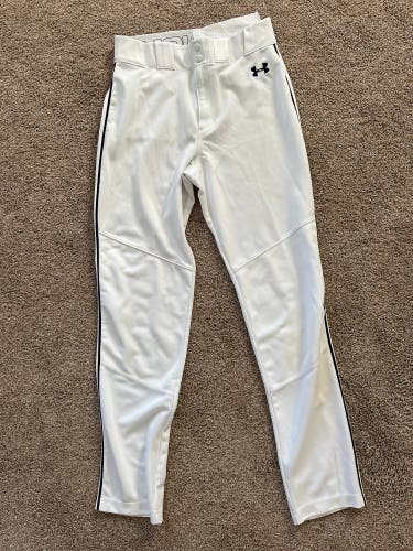 Men's Medium Under Armour white baseball pants, full length with navy piping