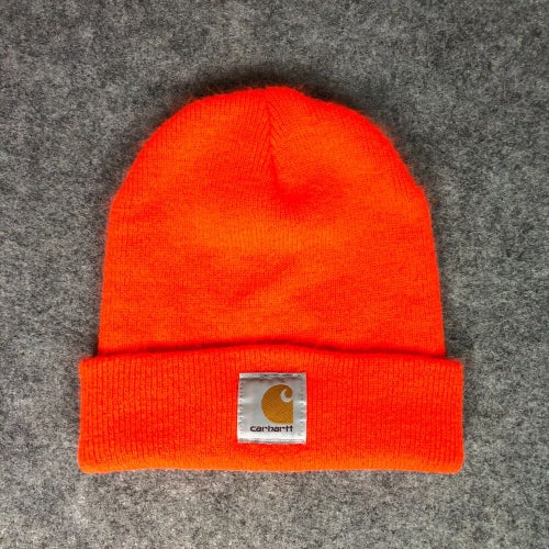 Carhartt Men Hat Orange Beanie Cuffed Logo Knit Workwear Hunting High Visibility