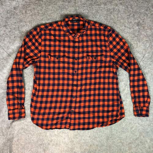 Lucky Brand Mens Shirt 2XL XXL Orange Black Check Flannel Long Sleeve Button Up