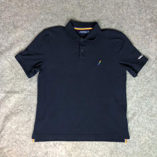 Nautica Mens Shirt Large Navy Rainbow Polo Short Sleeve Logo Casual Cotton Top