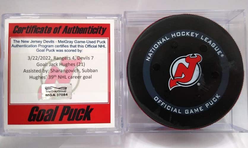 3-22-22 JACK HUGHES New Jersey Devils vs. NY Rangers NHL Game Used GOAL Puck