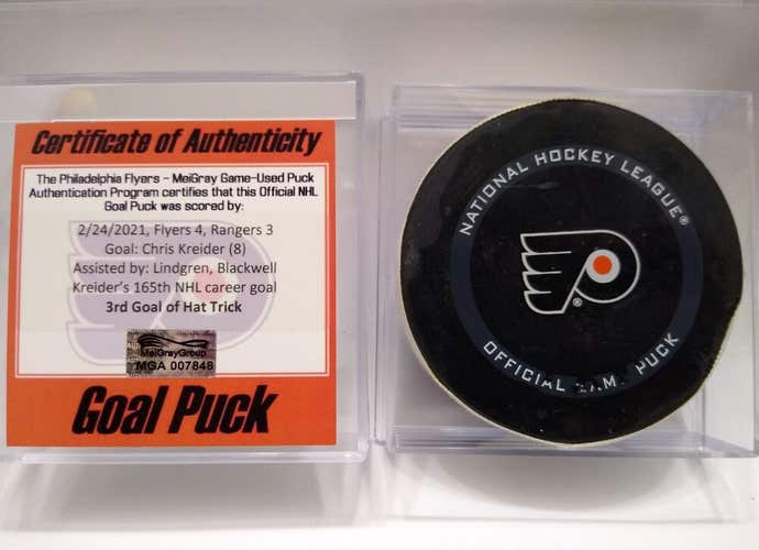 2-24-21 CHRIS KREIDER NY Rangers at Flyers NHL Game Used HAT TRICK GOAL PUCK
