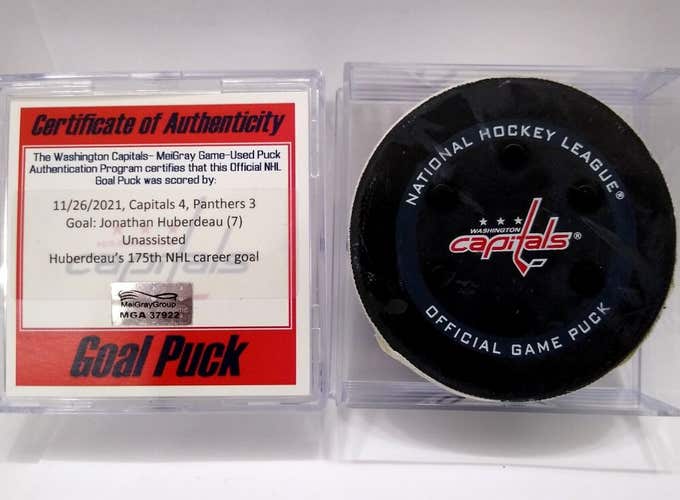 11-26-21 JONATHAN HUBERDEAU Florida Panthers vs Capitals NHL Game Used GOAL PUCK