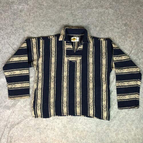 Earth Ragz Mens Sweater Extra Large Navy Beige Poncho Baja Drug Rug Top Mexico