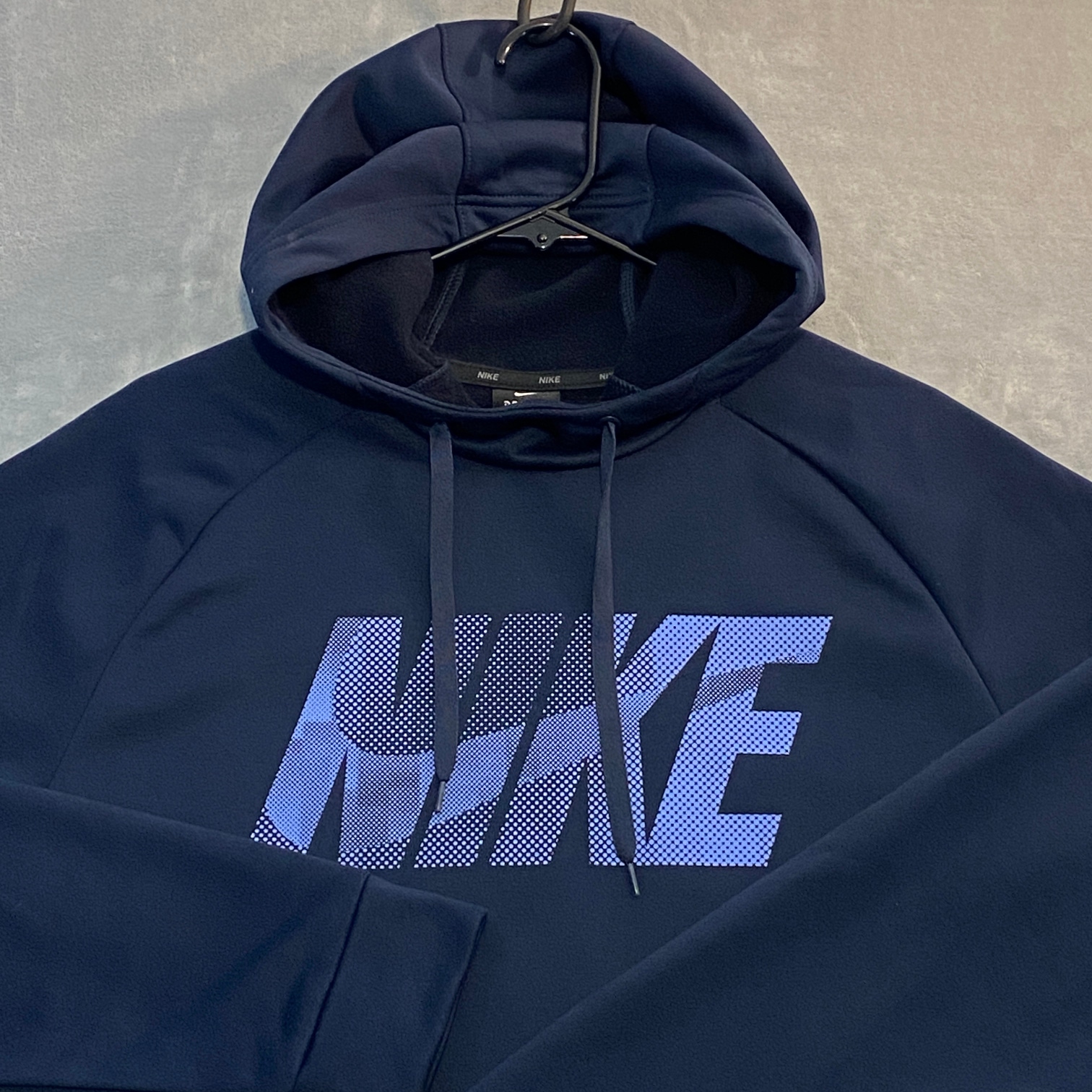 Nike Therma Hoodie Men Large Blue Logo Spell Out Dri-FIT Cowl Pullover Training