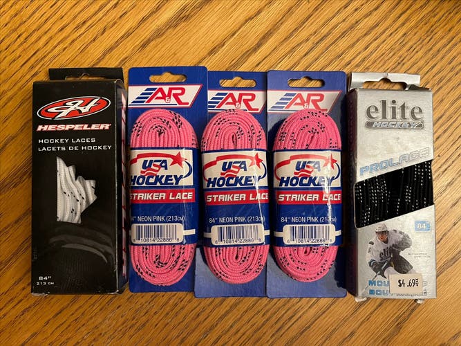 5 PACK Mixed Brands Hockey Non-Waxed Laces 84" Pink, White, Black