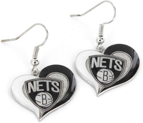Brooklyn Nets NBA Silver Swirl Heart Dangle Earrings Hypo-Allergenic