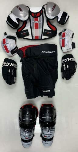 Bauer Hockey Complete Equipment Kit youth large ice pads shoulder shin gloves