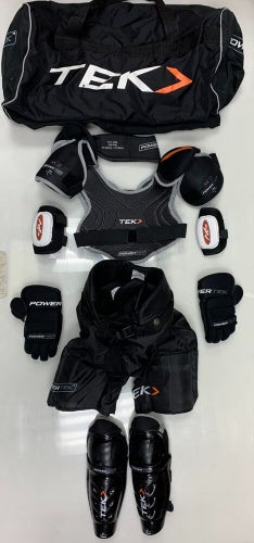 Powertek Hockey Complete Equipment Kit youth large with BAG neck guard pads ice