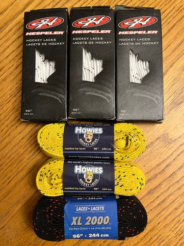 6 PACK Mixed Brands Hockey Non-Waxed Laces 96" White, Black & Yellow