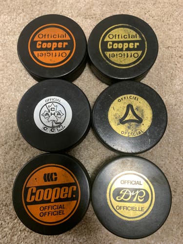 Vintage Lot Of 6 Hockey Pucks 1980’s Cooper CCM DR Czechoslovakia Official