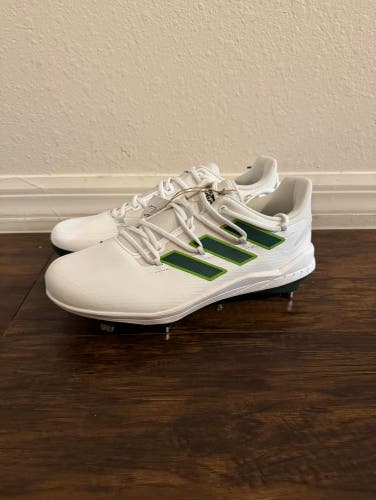 Adidas Adizero Afterburner 8 White/Green Metal Baseball Cleats Size 8 H00973