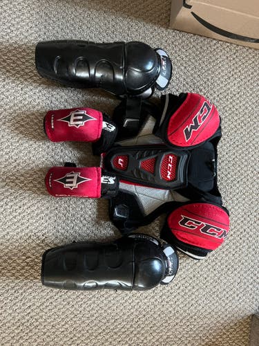 Youth Used Large CCM Shoulder Pads + Easton Shin Pads & Elbow Pads
