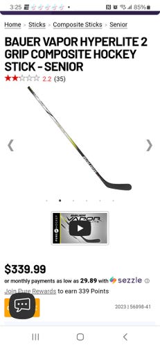 New Senior Bauer Right Handed Vapor Hyperlite 2 Hockey Stick P88