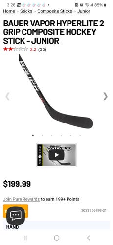 New Junior Bauer Left Hand Vapor Hyperlite 2 Hockey Stick P88