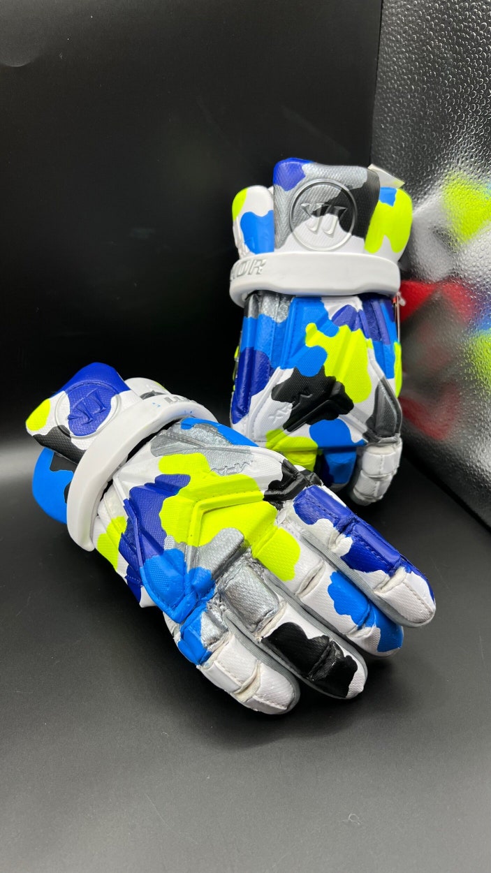 CUSTOM PAINTED NEON AND BLUE CAMO Warrior Evo Pro Lacrosse Gloves Large